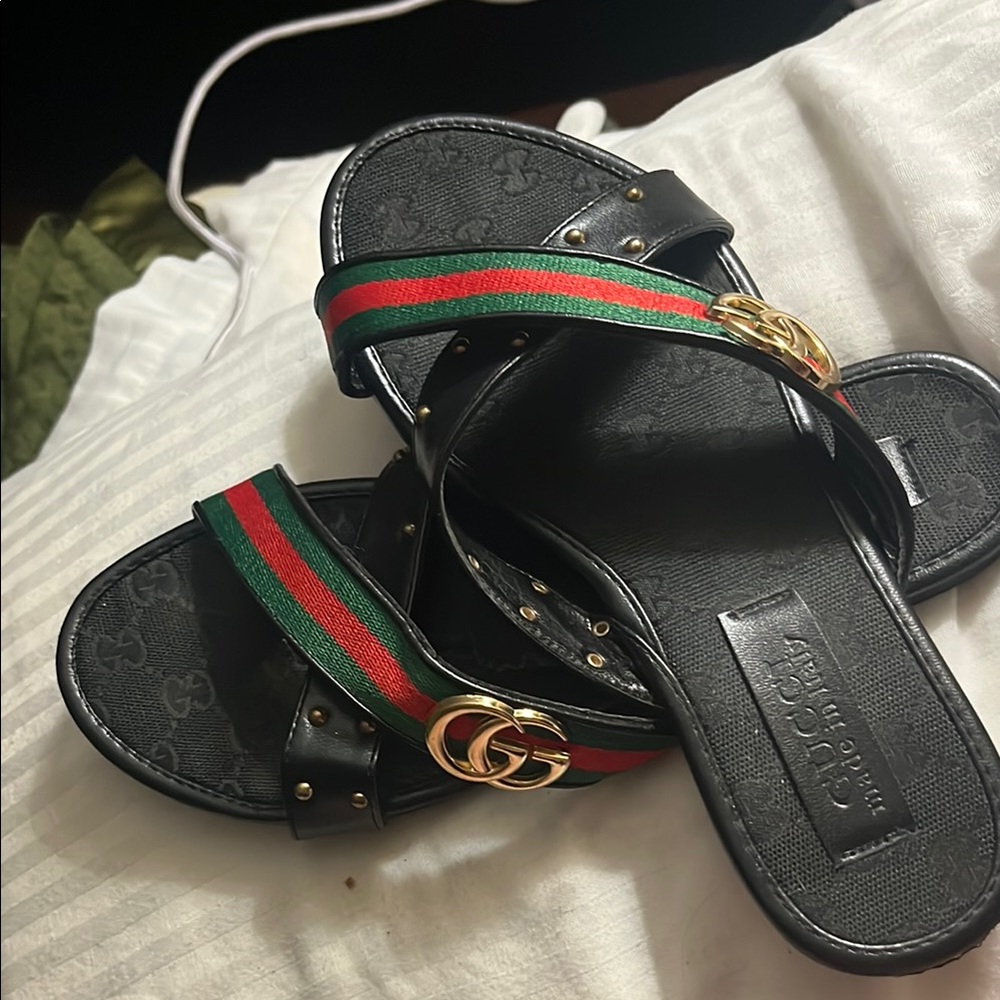 Gucci Black and Green Sandals with Iconic GG Logo